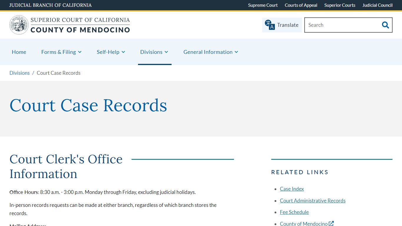 Court Case Records | Superior Court of California | County of Mendocino